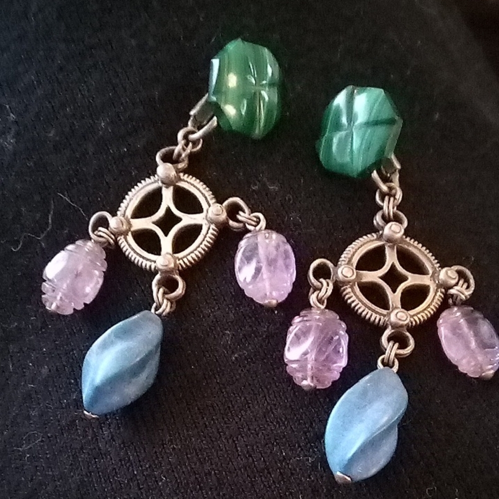 Stephen Dweck 925 Green, Purple & Blue Drop Clip On Earrings